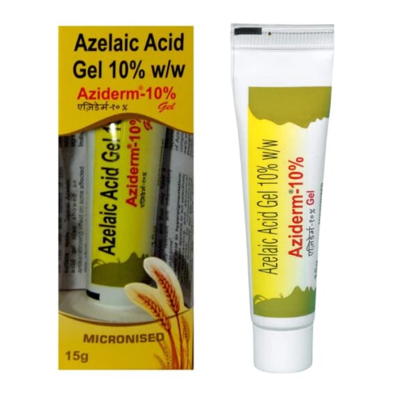 aziderm 10% gel and box on white paper and white background