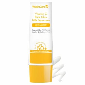WishCare Vitamin C Pure Glow Milk Sunscreen SPF 50+ with Kojic Acid, Soy Milk Peptide, and Licorice for brightening and skin protection.