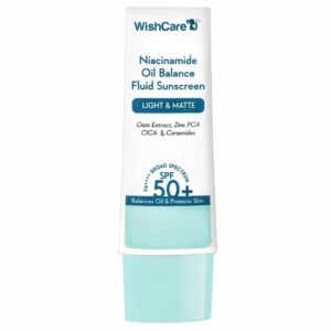 WishCare Niacinamide Oil Balance Fluid Sunscreen SPF 50+ with oats extract, zinc PCA, and ceramides for oil control.