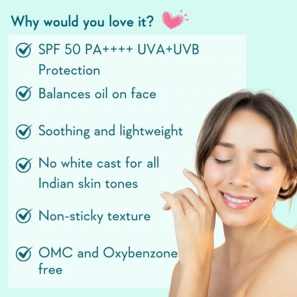 Woman applying SPF 50 sunscreen with oil-balancing benefits and no white cast for Indian skin tones.