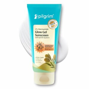 Pilgrim 2% Niacinamide Glow Gel Sunscreen SPF 50+ with Spanish Squalane, UVShieldX technology, and water-resistant formula for all skin types.