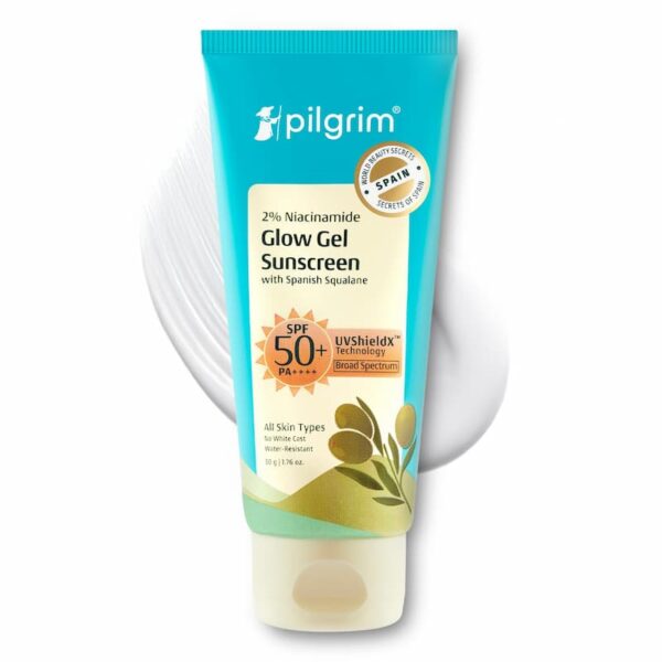Pilgrim 2% Niacinamide Glow Gel Sunscreen SPF 50+ with Spanish Squalane, UVShieldX technology, and water-resistant formula for all skin types.