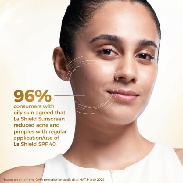 Woman using La Shield SPF 40 Sunscreen for oily skin to reduce acne and pimples, with a matte finish and no white cast.