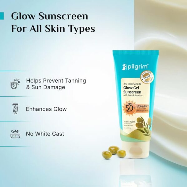 Pilgrim Glow Gel Sunscreen SPF 50+ with Niacinamide, UVShieldX, and Spanish Squalane to prevent tanning and enhance glow for all skin types.