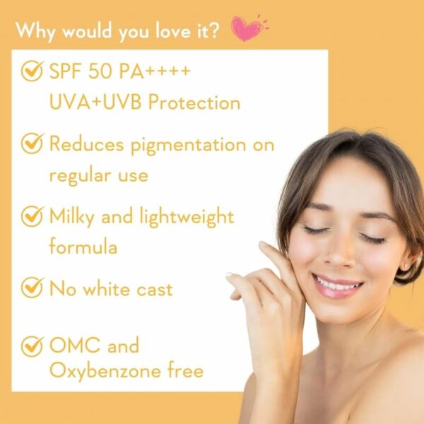 Woman applying SPF 50 sunscreen with pigmentation-reducing benefits, no white cast, and UVA+UVB protection.